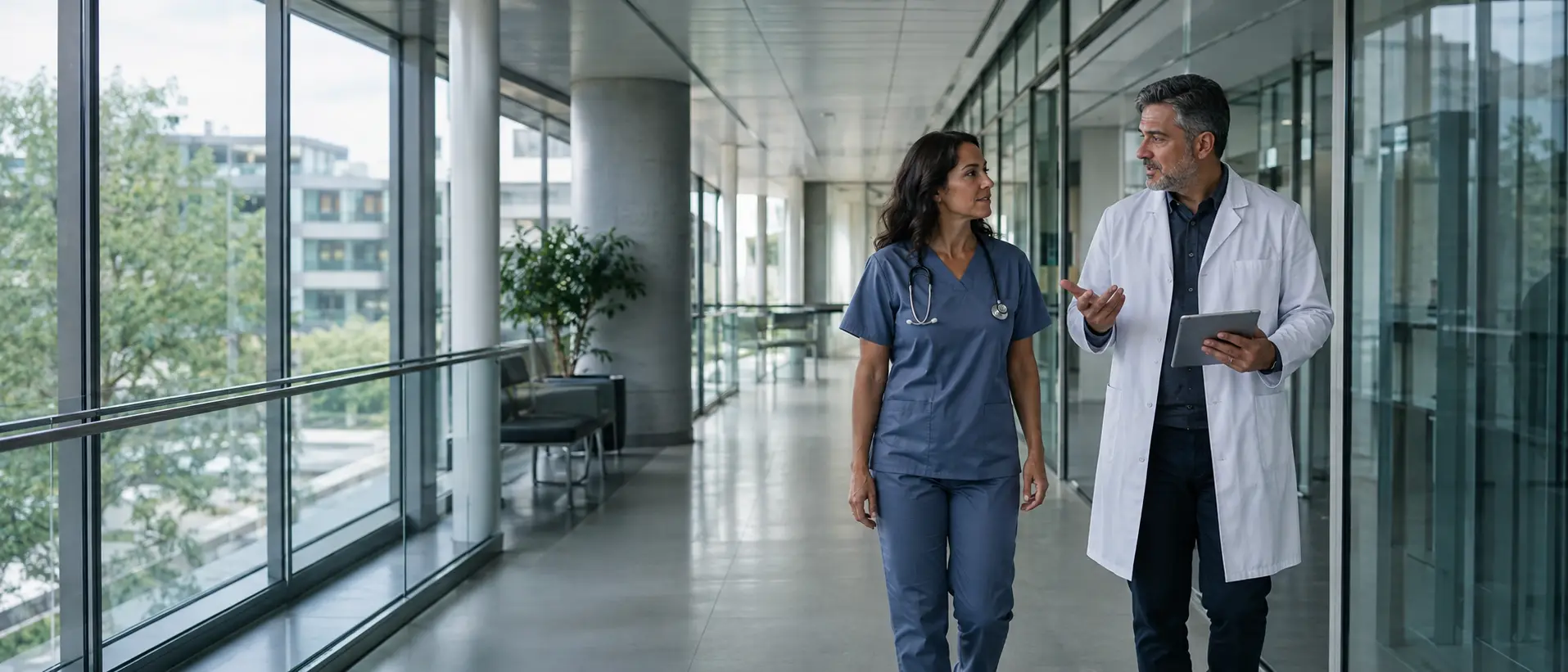 Dois médicos caminhando pelo corredor da clínica, conversando.